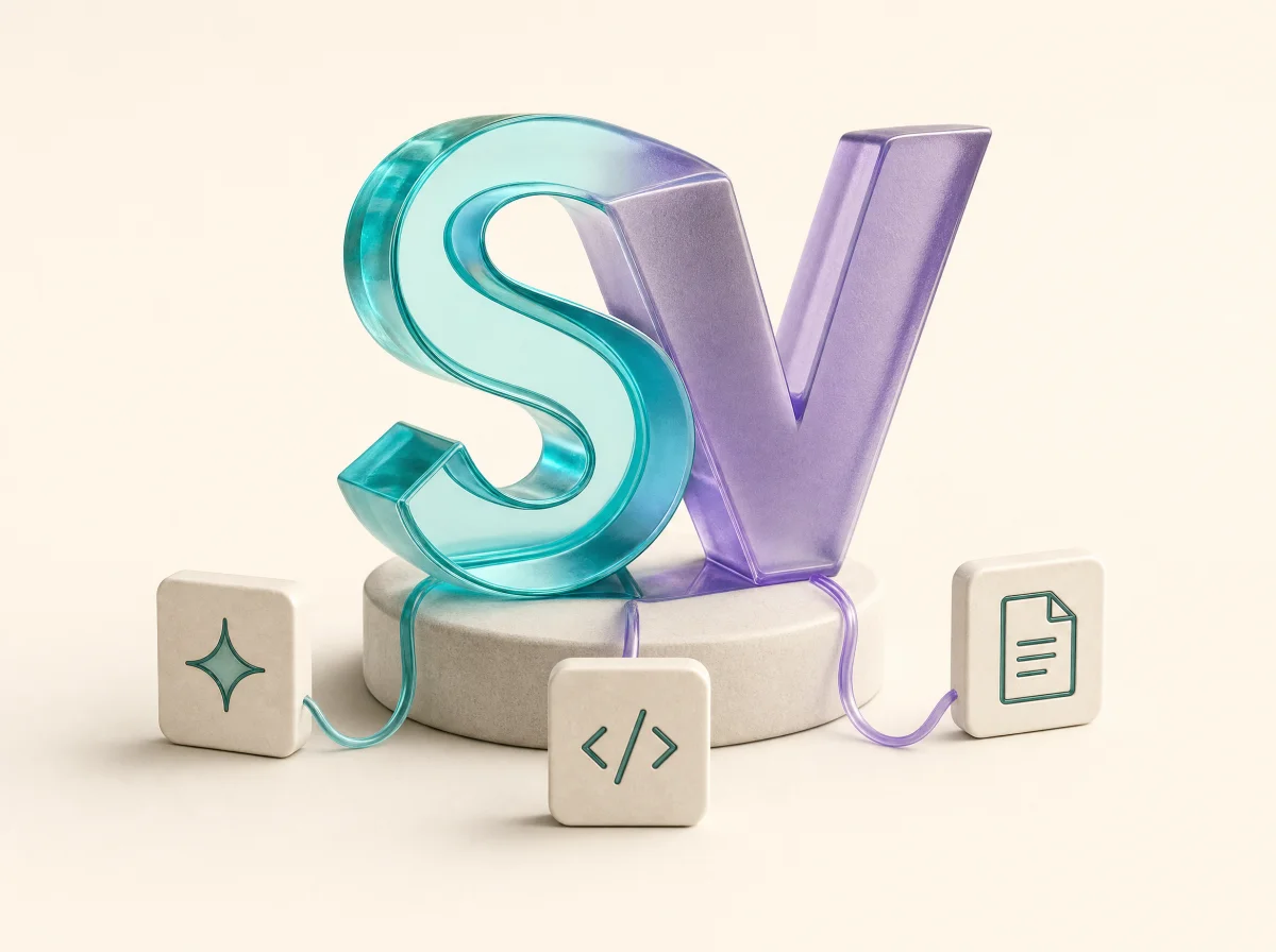 Turkusowo-fioletowy monogram SV połączony z symbolami AI, kodu i dokumentów